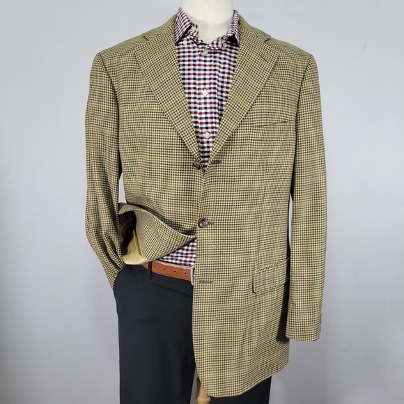 VTG Alan Flusser Men Sport Coat Blazer Three Button Flannel Houndstooth Wool 42R
